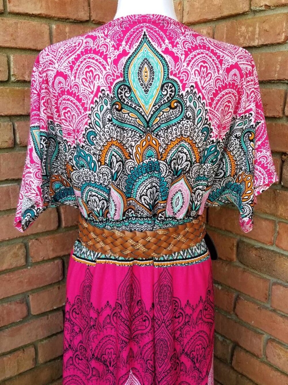 Boho Paisley Maxi Dress Pink Turquoise V-Neck Festival Resort Summer Dress Sz L - Picture 8 of 12